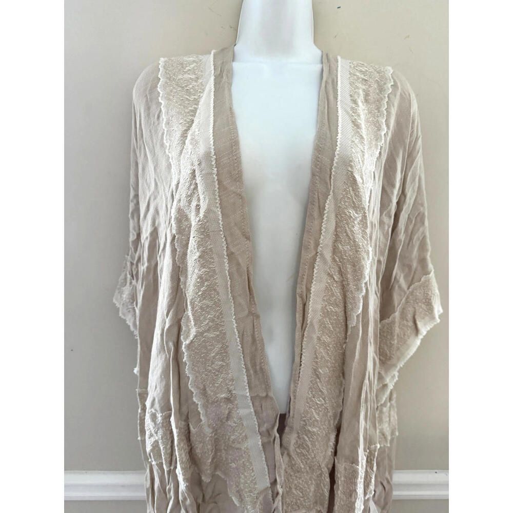 Krazy Kat Kimono Women's One Size Beige 3/4 Sleeve Fringe Topper Casual Wrap